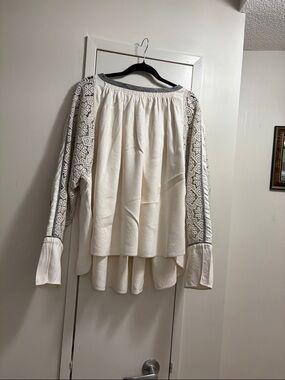 Chloe Embroidered Cream Peasant top with Gray Trim